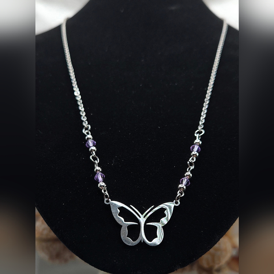 Silver Butterfly Necklace With Purple Accents 20$